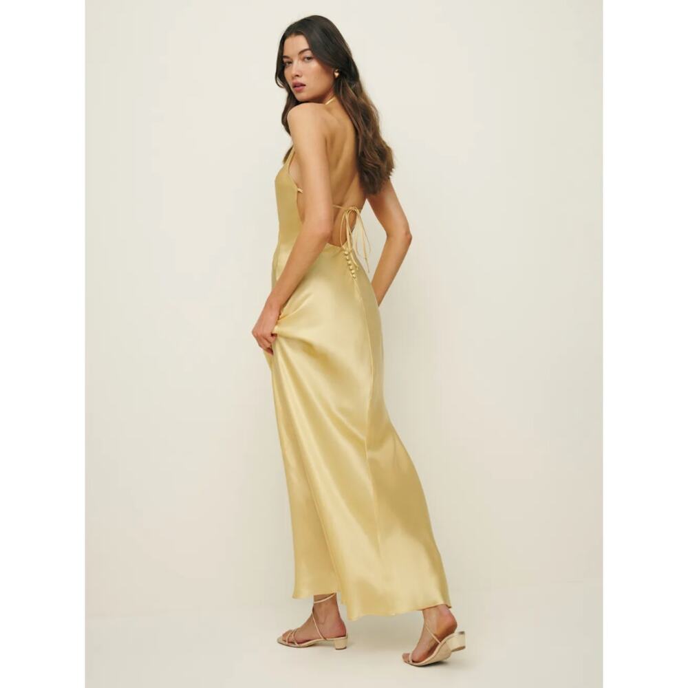 Reformation Jeany Silk Halter Open Back Maxi Dress Sunshine Satin Yellow Size XL